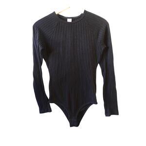 Calvin Klein Vintage 90s Bodysuit Medium Black Ribbed Sleepwear Shirt Top
